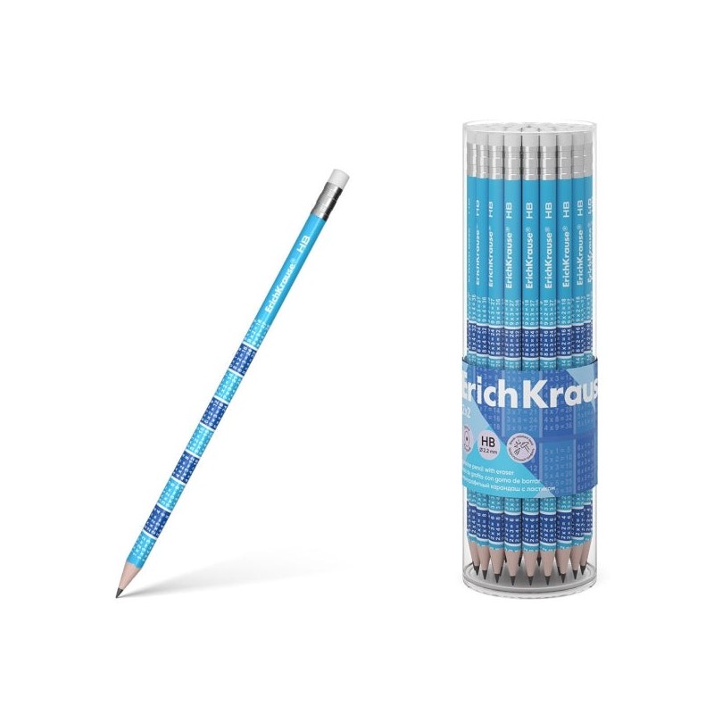 Erichkrause 2x2 Crayon Graphite HB avec Gomme - Bois Sélectionné - Décoré avec les Tables de Multiplication - Taille Facile