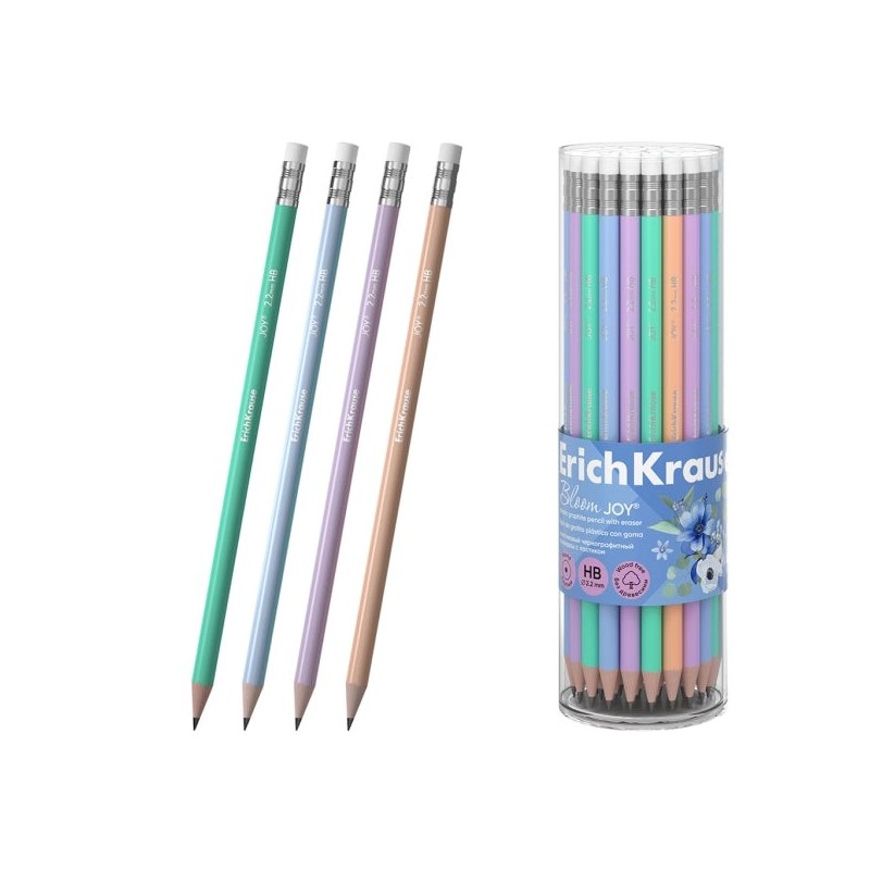 ErichKrause JOY Pastel Bloom Crayon Graphite avec Gomme - Mine HB - Corps Rond - Plastique - Prise Ergonomique - Couleurs