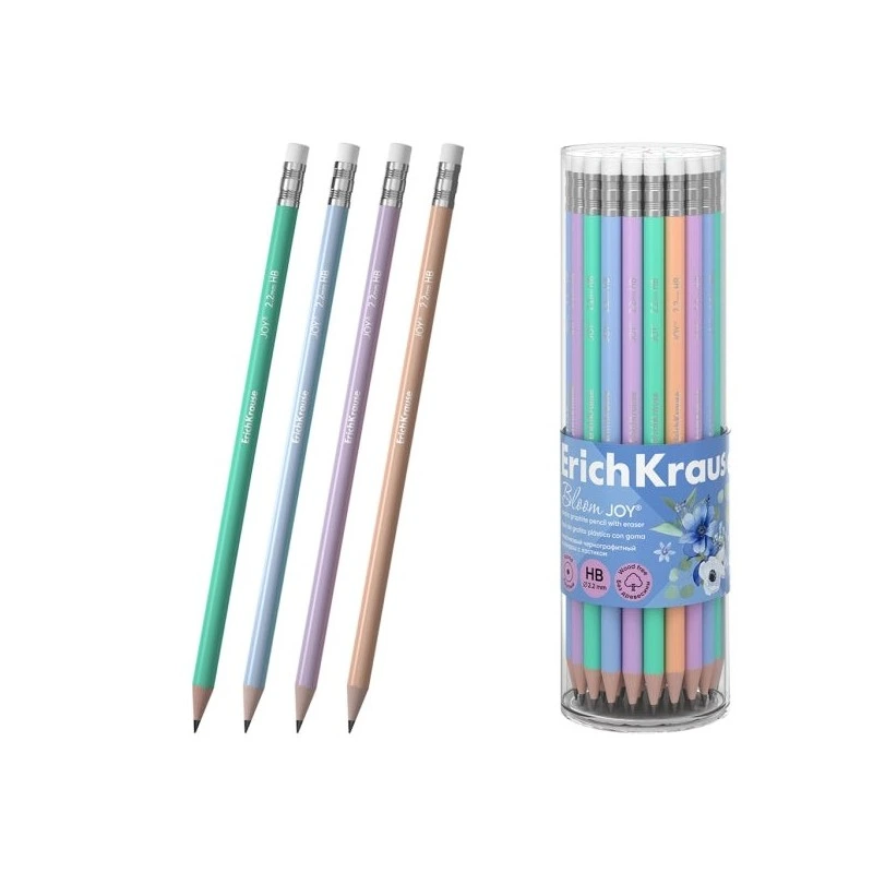 ErichKrause JOY Pastel Bloom Lapiz de Grafito con Goma de Borrar - Mina HB - Cuerpo Redondo - Plastico - Agarre Ergonomico