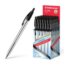 ErichKrause R-301 Matic Esferográfica Retrátil Ponta de Esfera 1.0mm - Tinta de Secagem Rápida - Corpo Transparente - Cor Preto