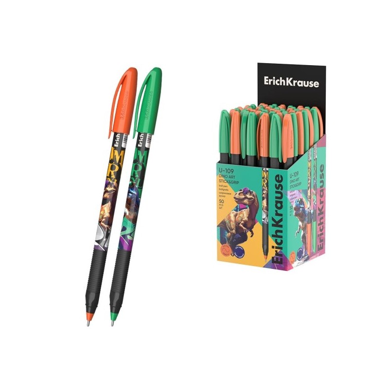 ErichKrause U-109 Stick and Grip Dino Art Stylo à Bille avec Capuchon - Modèles Assortis - Trait 0.3mm - Zone de Préhension en