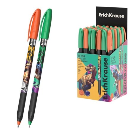 ErichKrause U-109 Stick and Grip Dino Art Esferográfica com Tampa - Modelos Sortidos - Traço 0.3mm - Zona de Pega em Borracha