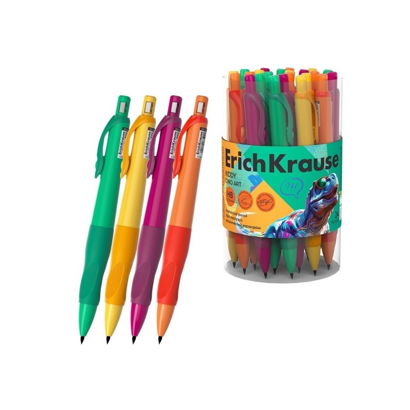 ErichKrause Kiddy Dino Art Porte-mine - Mine HB de 2.0mm - Grip en Caoutchouc - Motif Dinosaures - Couleurs Assorties