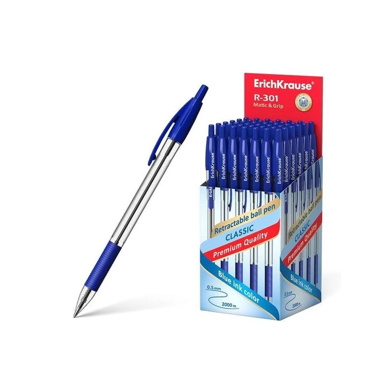 Erichkrause R-301 Classic Matic&Grip Stylo Rétractable Pointe 1.0mm - Tracé 0.5mm - Grip Antidérapant - Encre à Séchage Rapide