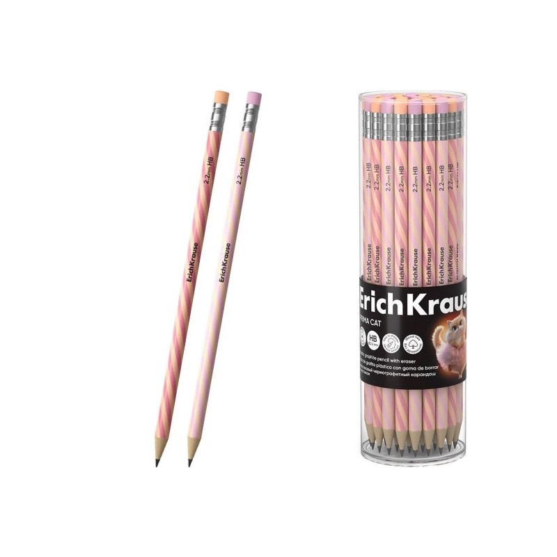 ErichKrause Prima Cat Crayon Graphite avec Gomme - Mine HB - Corps Rond - Plastique - Prise en Main Ergonomique - Couleurs