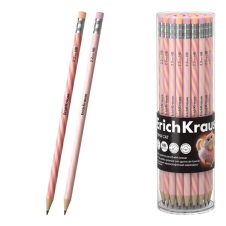 ErichKrause Prima Cat Lapiz de Grafito con Goma de Borrar - Mina HB - Cuerpo Redondo - Plastico - Agarre Ergonomico - Colores