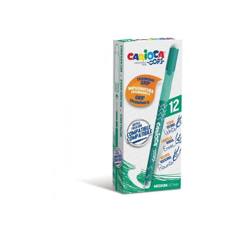 Carioca Oops Boligrafo Borrable - Tinta Termo Sensible - Empuñadura Ergonomica Triangular - Punta de Ø 0.7mm - Doble Goma