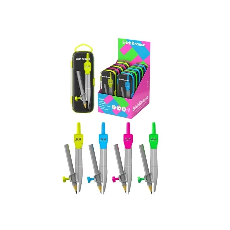 ErichKrause Neon Expositor com 12 Compassos com Lápis - Corpo Metálico - 123mm de Comprimento - Raio Máximo de 185mm - Cores