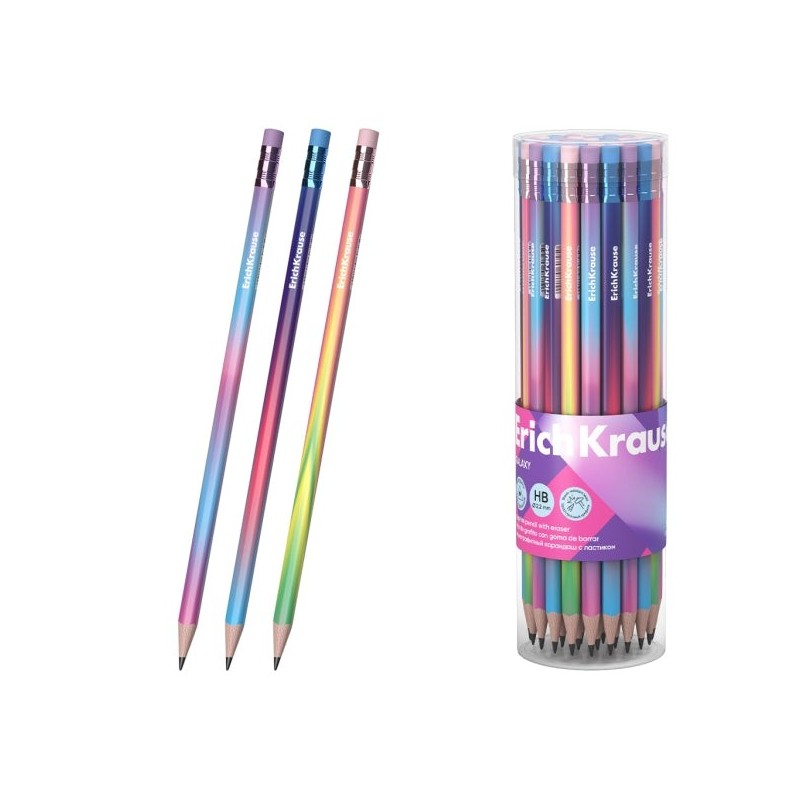ErichKrause Galaxy Graphite Pencil with Eraser - HB Lead - Triangular Barrel - Plastic - Ergonomic Grip - Easy to Blend