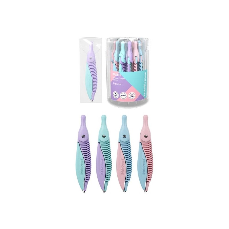 ErichKrause Pastel Compas Escolar - Cuerpo de Plastico - Estuche de PVC - 122mm de Longitud - Radio Maximo de 150mm - Colores
