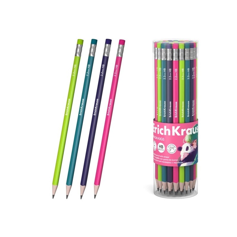 ErichKrause Panda Hugs Crayon Graphite avec Gomme - Mine HB - Corps Rond - Prise Ergonomique - Couleurs Assorties