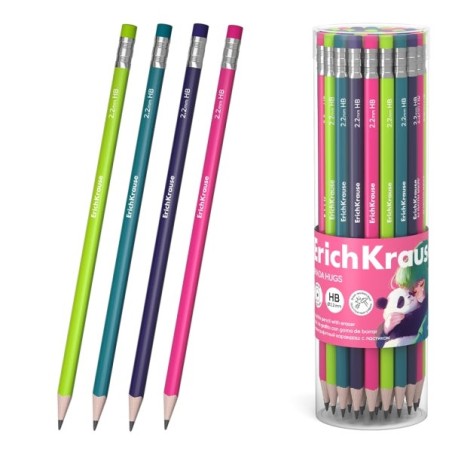 ErichKrause Panda Hugs Crayon Graphite avec Gomme - Mine HB - Corps Rond - Prise Ergonomique - Couleurs Assorties