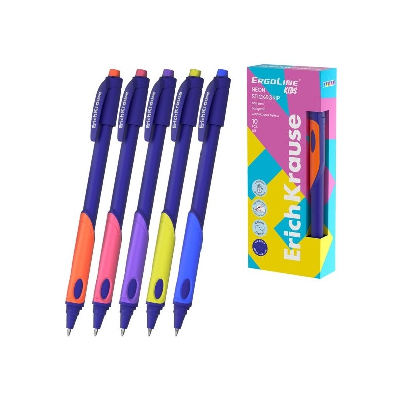 ErichKrause ErgoLine Kids Stylo Rétractable - Ergonomique pour Gauchers - Encre Bleue - Trait 0.25mm - Couleurs Assorties
