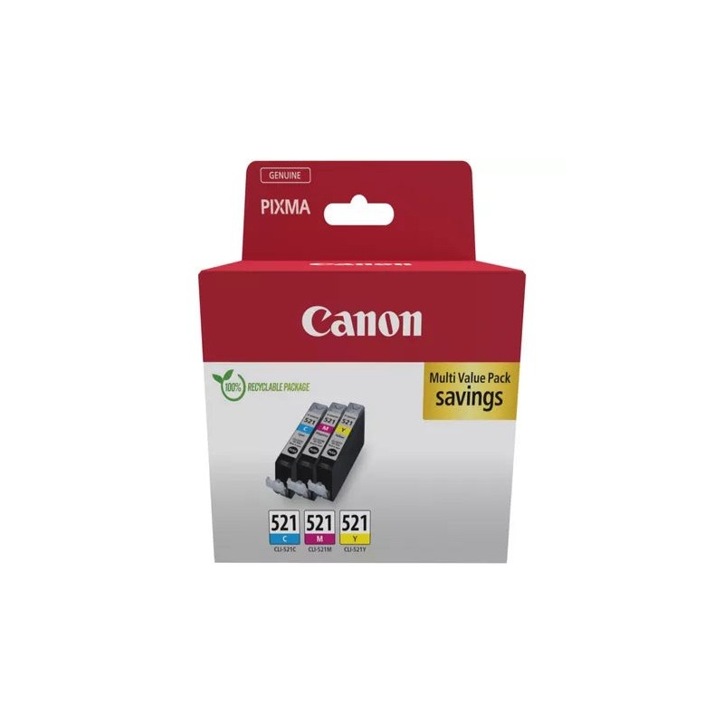 Canon CLI521 Pack de 3 Cartouches d'Encre Originales - Cyan, Magenta, Jaune - 2934B015/2934B010
