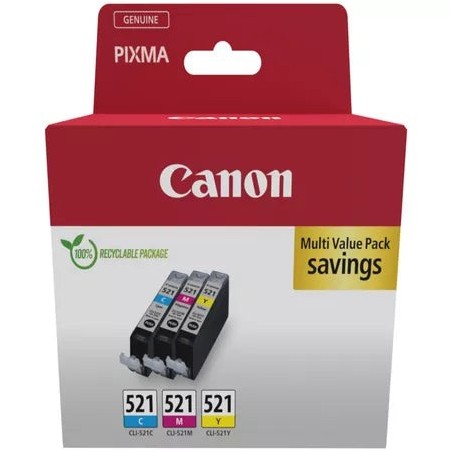 Canon CLI521 Pack of 3 Original Ink Cartridges - Cyan, Magenta, Yellow - 2934B015/2934B010