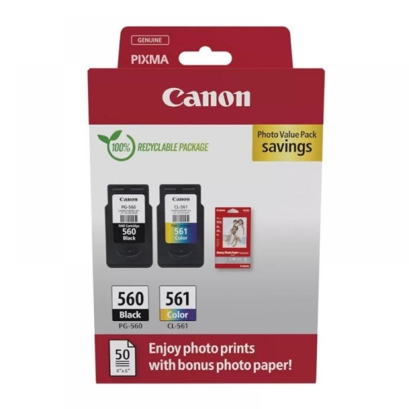 Canon PG560/CL561 Pack de 2 Tinteiros Originais + Papel Fotográfico Brilhante GP-501 - 3713C008