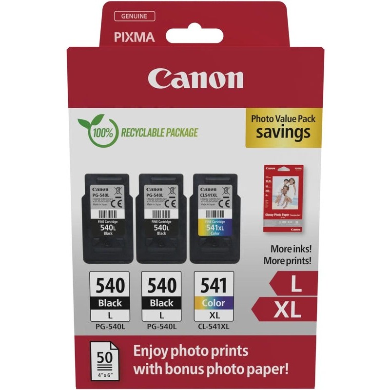 Canon PG-540L/CL-541XL Multipack de 3 Tinteiros Originais + 50 Folhas de Papel Fotográfico - 5224B015