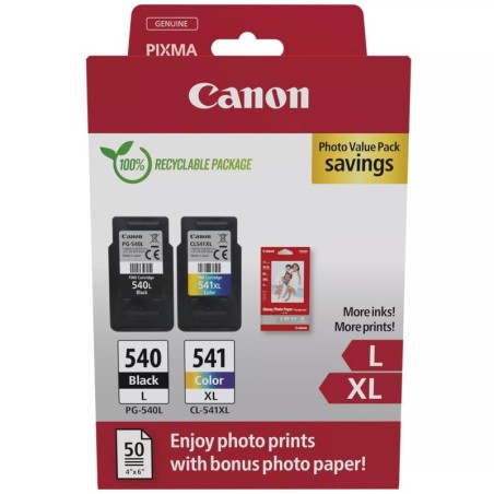 Canon PG540L Black + CL541XL Colour Pack of 2 Original Ink Cartridges - 50 Sheets Photo Paper - 5224B012/5224B007/5224B005/5222B