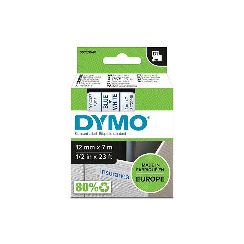 Dymo D1 Fita de Etiquetas Original para Rotuladora - Texto Azul sobre Fondo Branco - Largura 12mm x 7 metros - S0720540
