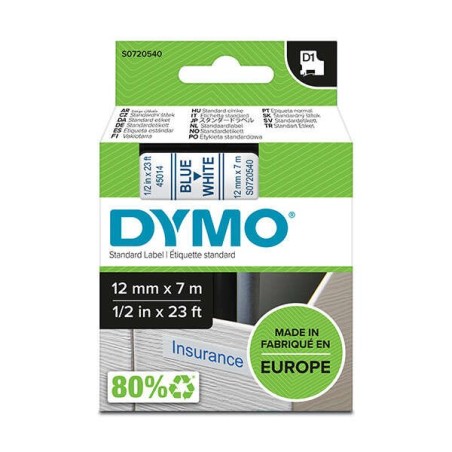 Dymo D1 Fita de Etiquetas Original para Rotuladora - Texto Azul sobre Fondo Branco - Largura 12mm x 7 metros - S0720540