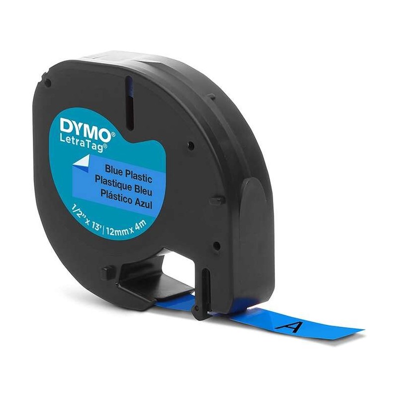 Dymo LetraTag S0721650 Ruban d'Étiquettes Original pour Étiqueteuse - Texte Noir sur Fond Bleu - Largeur 12mm x 4 mètres (91205)
