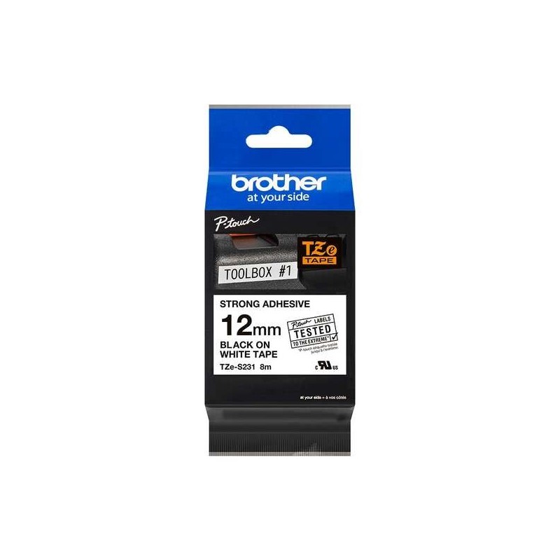 Brother TZeS231 Fita Laminada Super Adesiva Original de Etiquetas - Texto Preto sobre fondo blanco - Largura 12mm x 8 metros