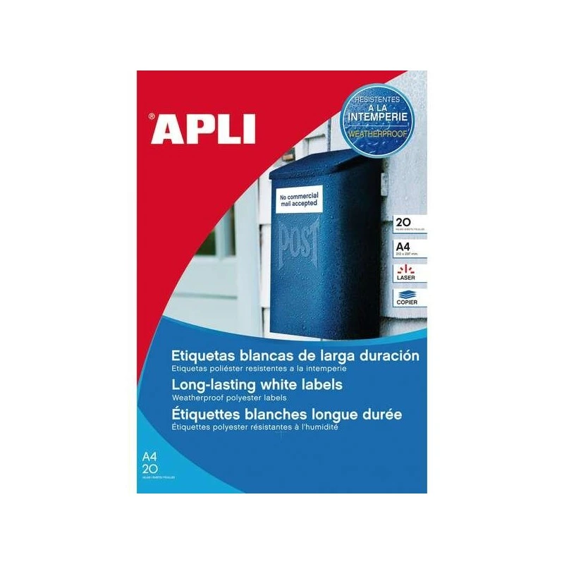 Apli Pack de 80 étiquettes permanentes 105x148mm - En Polyester - Bords droits - Résistantes aux intempéries - Couleur Blanc