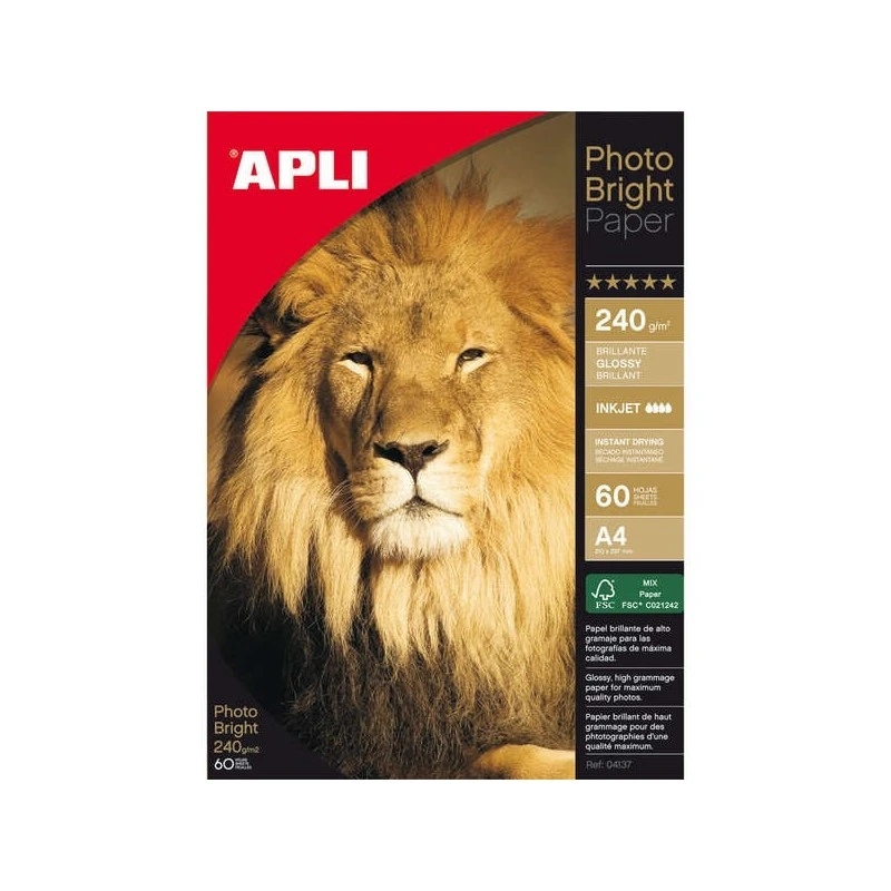 Apli Pack of 60 Sheets of Photobright A4 240g/m Photographic Paper? - Glossy Finish
