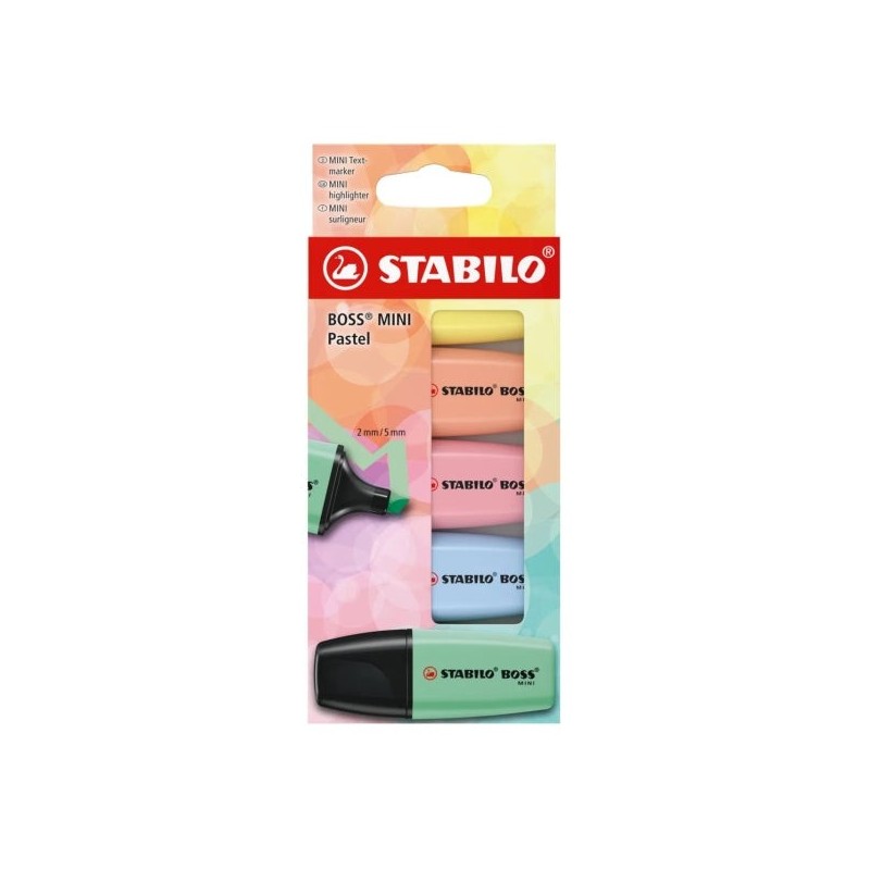 Stabilo Boss Mini Pastel Pack of 5 Fluorescent Markers - Line between 2 and 5mm - Water-Based Ink - Anti-drying - Green, Pink