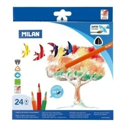 Milan Pack of 24 Triangular Watercolor Pencils + Brush - 2,9mm Lead - Uniform Line - Break Resistant - Assorted Colors
