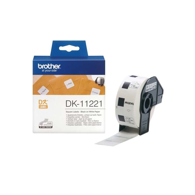 Brother DK11221 - Étiquettes carrées prédécoupées originales - 23x23 mm - 1000 unités - Texte noir sur fond blanc
