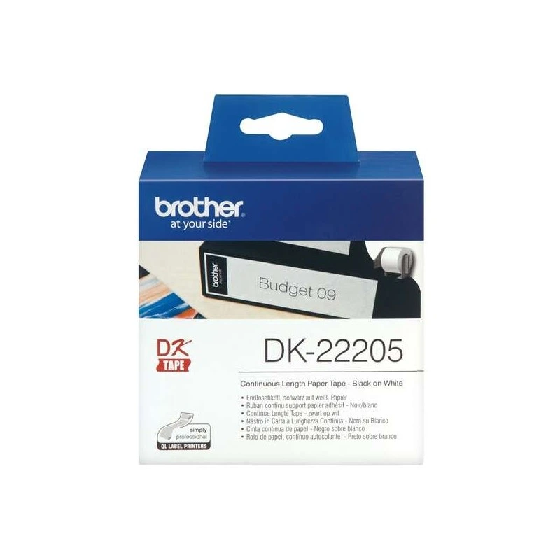 Brother DK22205 - Etiquetas Originales de Tamaño personalizado - Ancho 62mm x 30,48 metros - Texto negro sobre fondo blanco