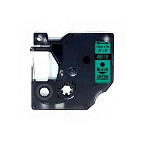Dymo D1 45019 Fita de Etiquetas Genérica para Rotuladora - Texto preto sobre fundo verde - Largura 12mm x 7 metros - Substitui