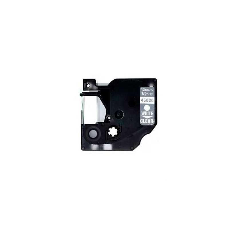 Dymo D1 45020 Cinta de Etiquetas Generica para Rotuladora - Texto blanco sobre fondo transparente - Ancho 12mm x 7 metros