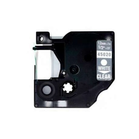 Dymo D1 45020 Cinta de Etiquetas Generica para Rotuladora - Texto blanco sobre fondo transparente - Ancho 12mm x 7 metros