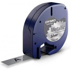 Dymo LetraTag S0721730 Cinta de Etiquetas Generica para Rotuladora - Texto negro sobre fondo metalico - Ancho 12mm x 4 metros