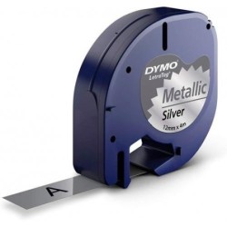 Dymo LetraTag S0721730 Cinta de Etiquetas Generica para Rotuladora - Texto negro sobre fondo metalico - Ancho 12mm x 4 metros