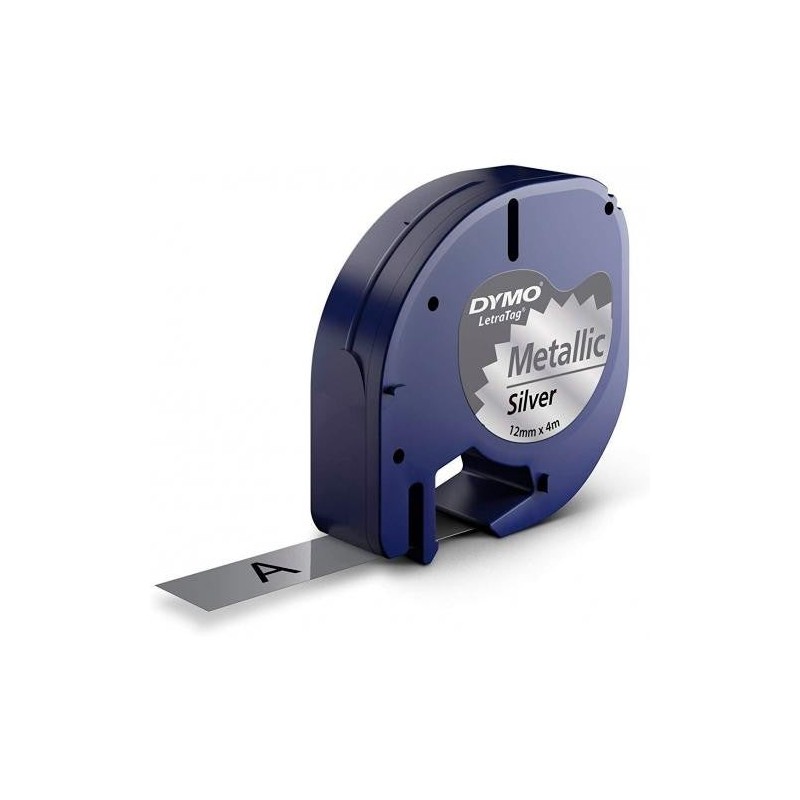 Dymo LetraTag S0721730 Cinta de Etiquetas Generica para Rotuladora - Texto negro sobre fondo metalico - Ancho 12mm x 4 metros