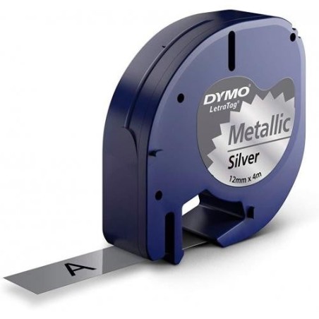 Dymo LetraTag S0721730 Cinta de Etiquetas Generica para Rotuladora - Texto negro sobre fondo metalico - Ancho 12mm x 4 metros