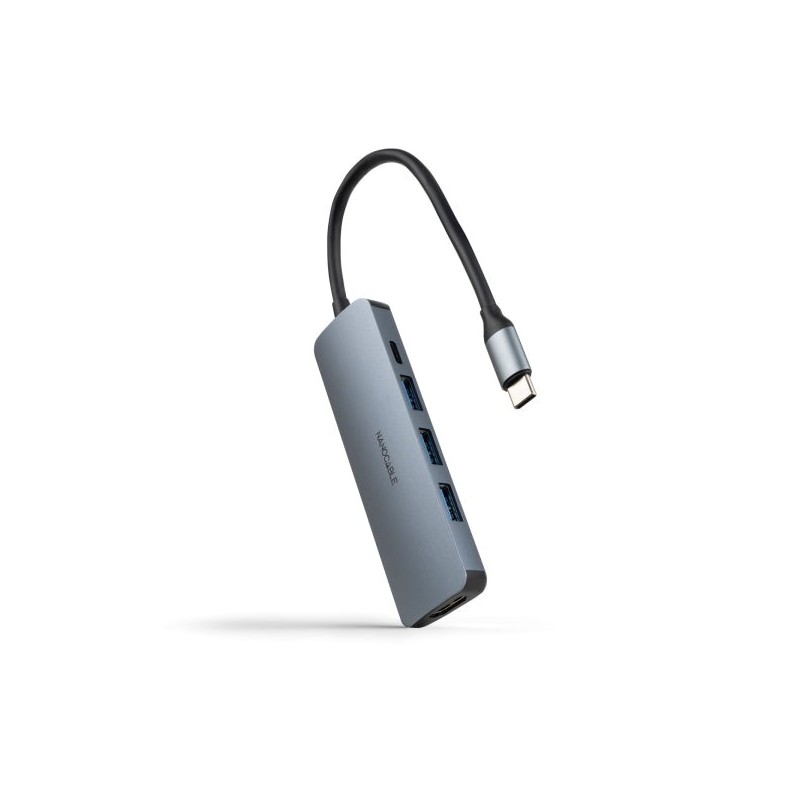 Nanocable USB-C HUB 5 in 1 - USB-C 3,1 to 3 x USB-A 3,0 + USB-C PD 100W + HDMI Converter - Aluminum - 18cm - Color Gray