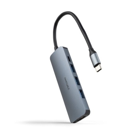 Nanocable USB-C HUB 5 in 1 - USB-C 3,1 to 3 x USB-A 3,0 + USB-C PD 100W + HDMI Converter - Aluminum - 18cm - Color Gray