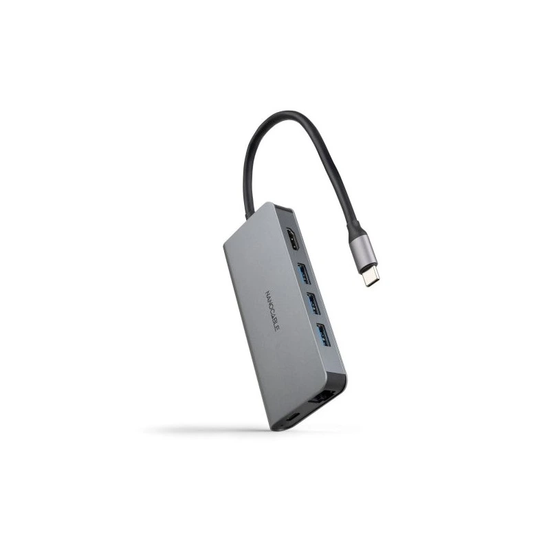 Nanocable USB-C HUB 8 in 1 - USB-C 3,1 to 3 x USB-A 3,0 + USB-C PD 100W + HDMI 4K@60Hz + RJ45 + TF + SD Converter - Aluminum