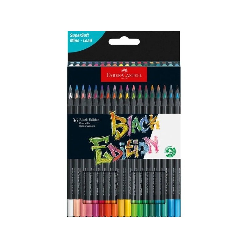 Faber-Castell Black Edition Pack de 36 Crayons de Couleur - Mine Super Douce - Bois Noir - Idéal pour Dessiner sur Papier