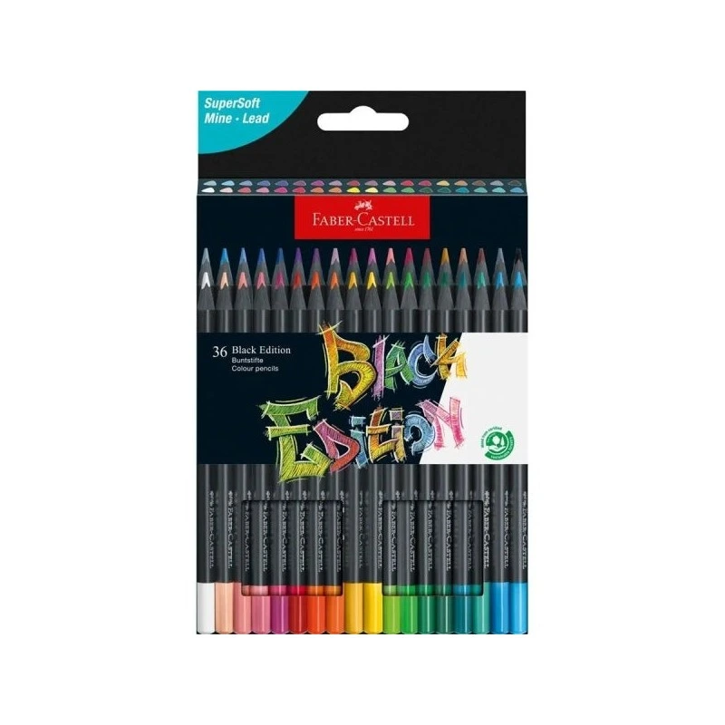 Faber-Castell Black Edition Pack de 36 Crayons de Couleur - Mine Super Douce - Bois Noir - Idéal pour Dessiner sur Papier