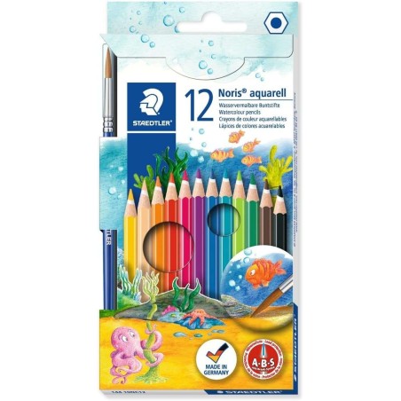 Staedtler Noris Aquarell Pacote de 12 Lápis de Cor Hexagonais + Pincel - Reforço da Mina para Maior Resistência à Quebra