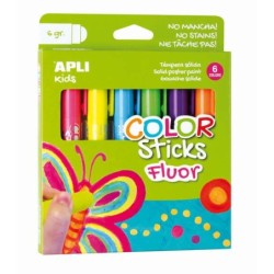 Apli Color Sticks Pack con 6 Temperas Solidas de 6g en Colores Fluor - Acabado Satinado - Secado Rapido - Efecto Cera o Tempera