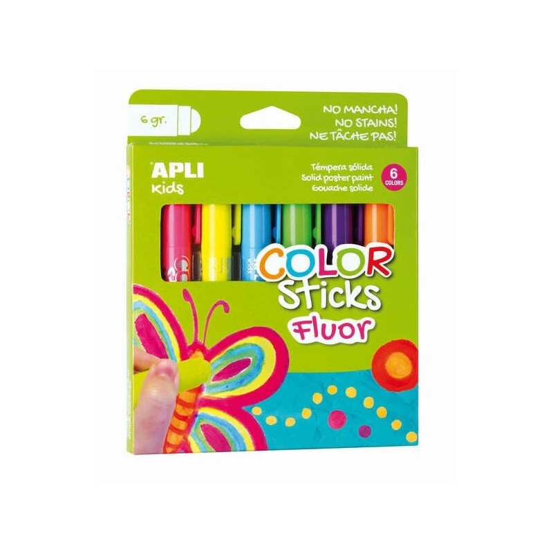 Pack Apli Color Sticks de 6 Temperas Solides de 6g en Couleurs Fluorées - Finition Satinée - Séchage Rapide - Effet Cire ou