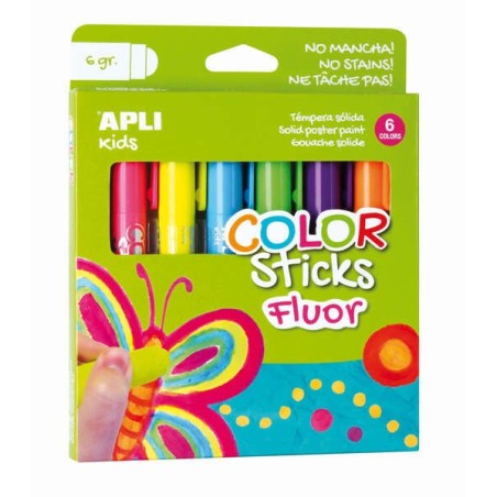 Apli Color Sticks Pack con 6 Temperas Solidas de 6g en Colores Fluor - Acabado Satinado - Secado Rapido - Efecto Cera o Tempera