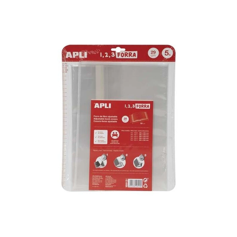 Apli Pack de 5 Forros para Libros 290mm de Polipropileno 75 micras - Solapa Autoajustable - Facil Forrado en 3 Pasos - Sin