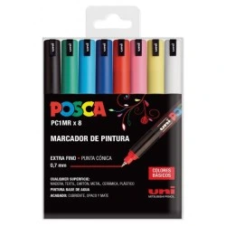 Posca PC1MR Pack of 8 Paint Markers - 0,7mm Fiber Roller Tip - Water-Based Pigmented Ink - Light Resistant - Assorted Colors